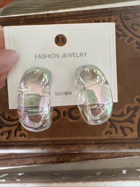 Unique clear Iridescent solid Hoop Earrings -